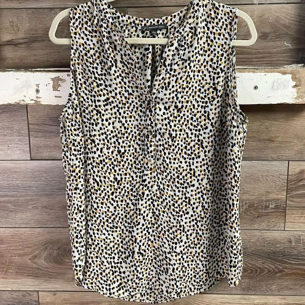 ADRIANNA PAPELL Sleeveless 3/4 Button Front Top Size L White Black Mustard READ